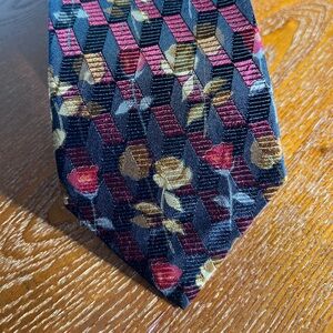 Floral Geometric Silk Tie - Black, Red, Gold , Italy
